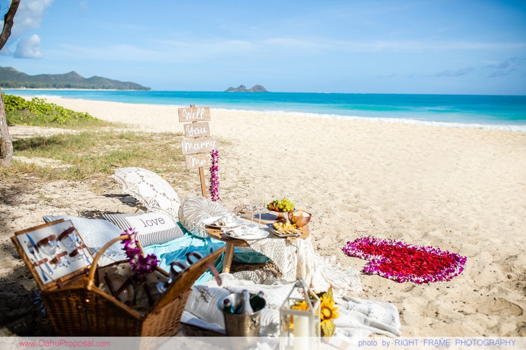 Surprise Beach Picnic Proposal at Waimanalo Bay, Oahu Hawaii Hawaii