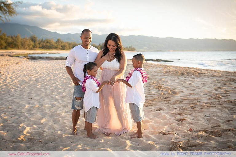 Sunset Surprise Proposal during a Family Photoshoot in the North Shore Oahu Hawaii