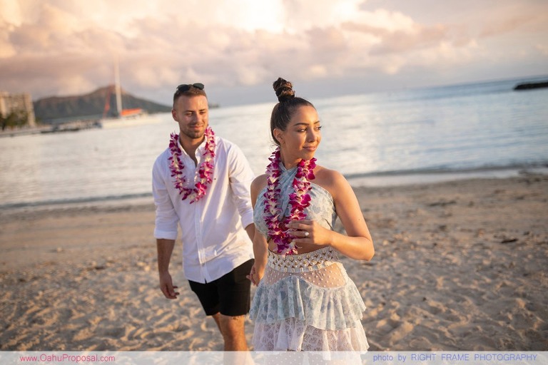 Sunset Proposal at Waikiki Beach with a rose petals heart in the sand