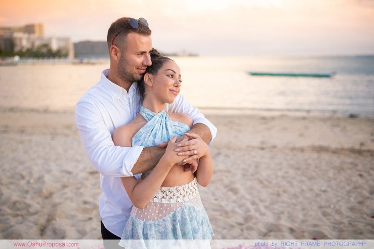 Sunset Proposal at Waikiki Beach with a rose petal heart in the sand