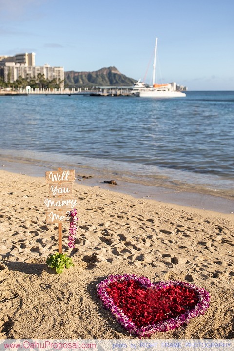 Surprise beach proposal with Diamond Head in the background Hawaii