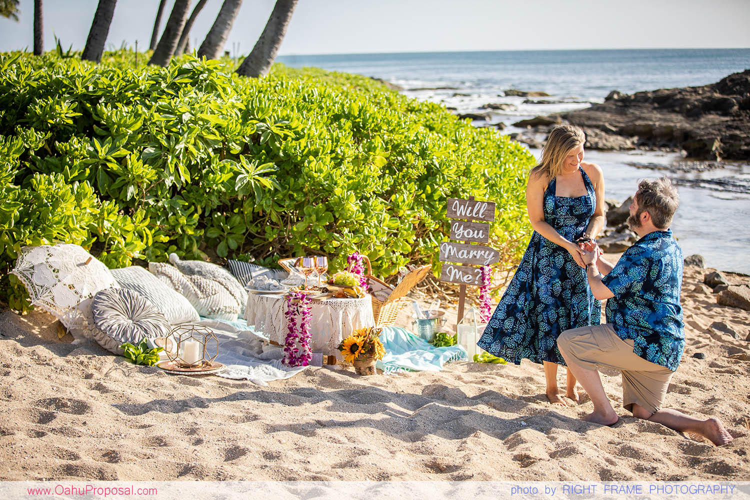 Sunset Picnic Proposal at Paradise Cove Beach in Ko'Olina, Oahu