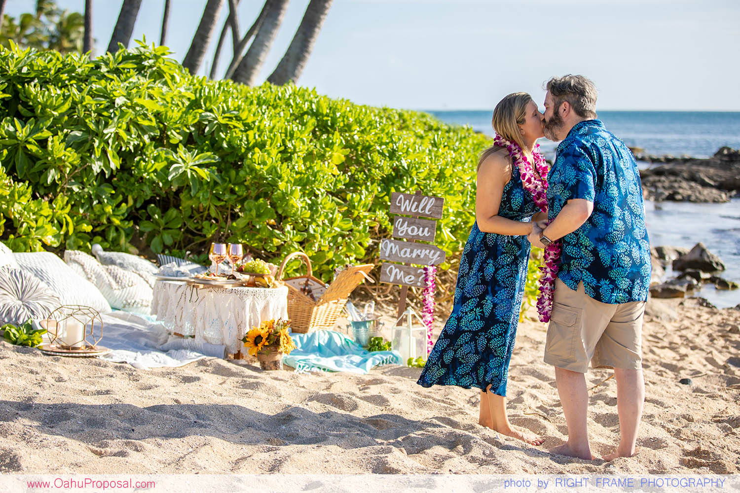 Sunset Picnic Proposal at Paradise Cove Beach in Ko'Olina, Oahu