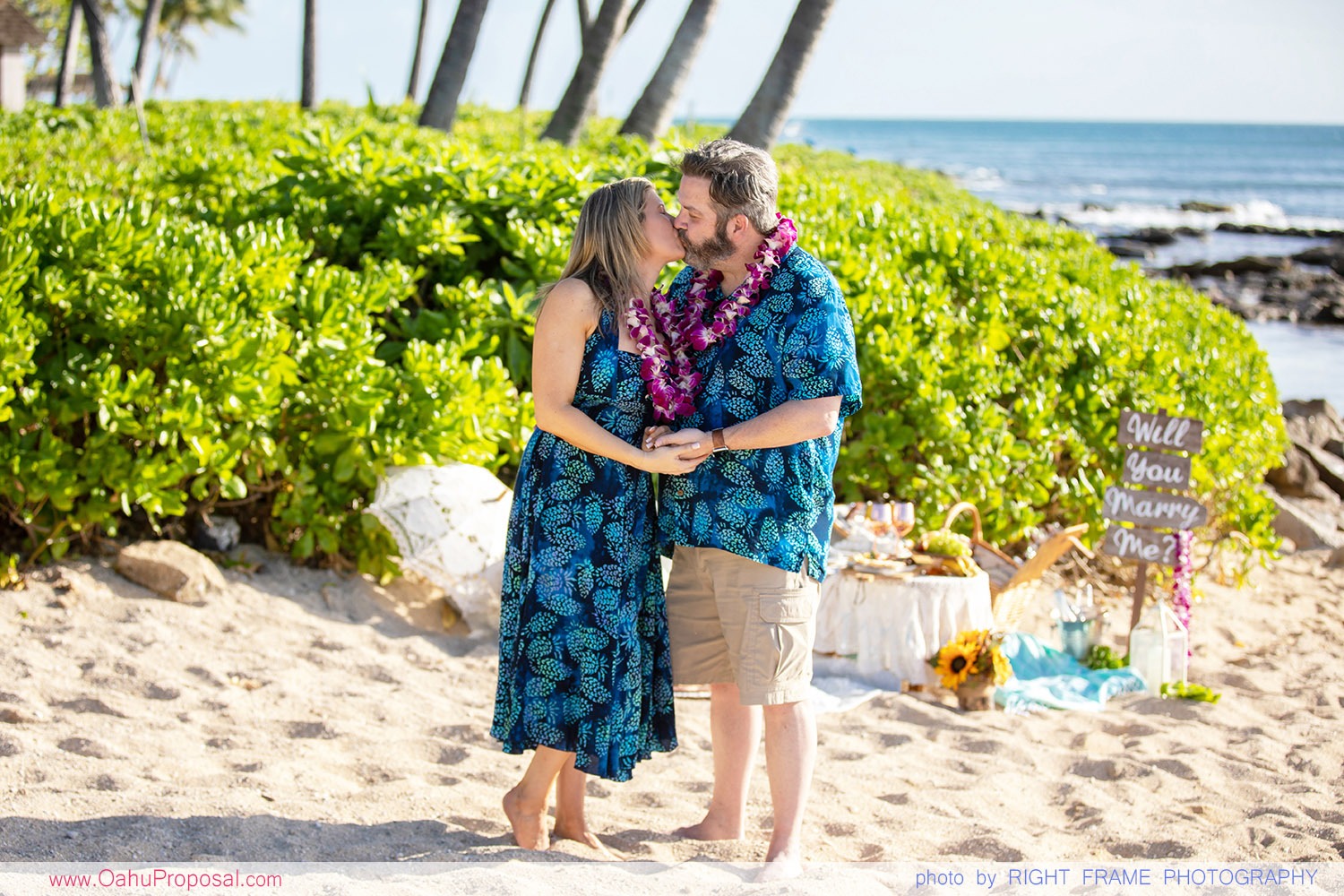 Sunset Picnic Proposal at Paradise Cove Beach in Ko'Olina, Oahu