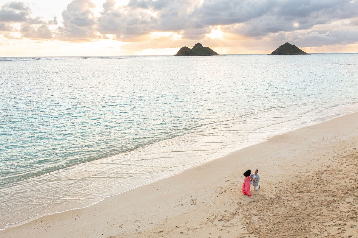 Oahu Sunrise Proposal Lanikai Beach Photography Hawaii Kailua Drone Aerial